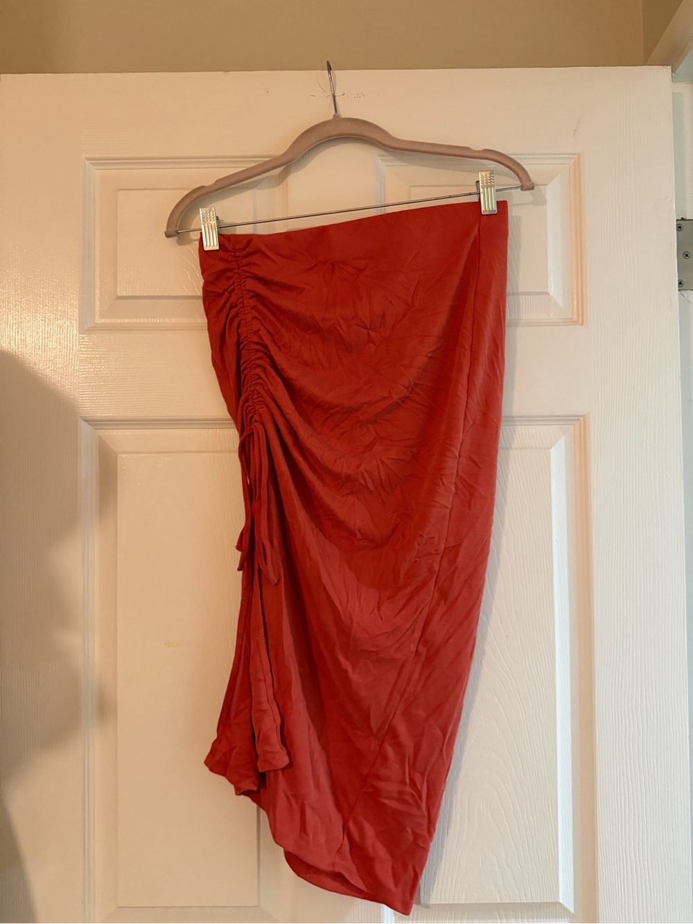 Forever 21 Coral Red Ruched Midi Skirt